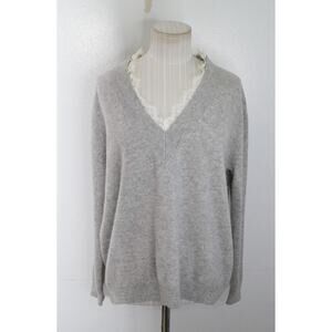 Minnie Rose Sweater Womens Small Gray 100% Cashmere Lace Trim V Neck Pullover